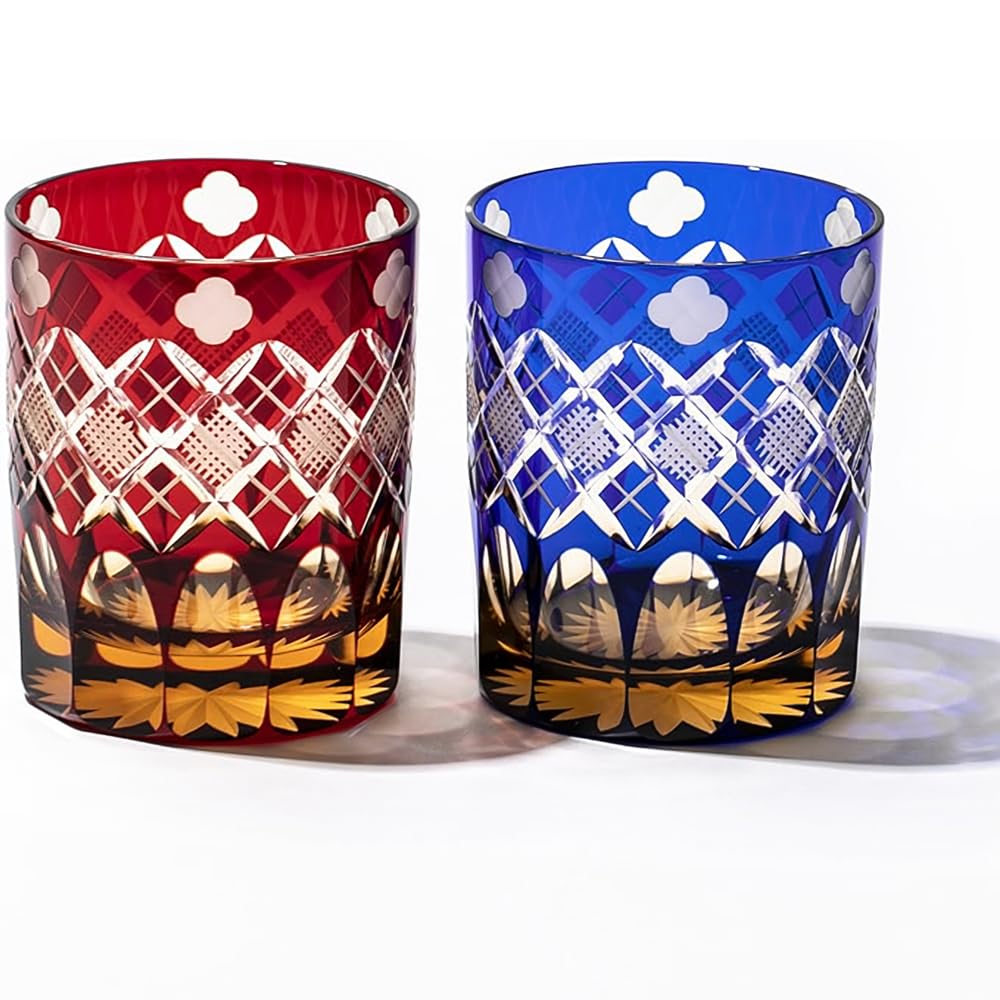 

Taiburo Edo Kiriko clover with yarai nanko pattern Old glass Pair TB94429ARB Wooden box Made in Japan [Official Studio] Four-leaf (Amber red/Amber