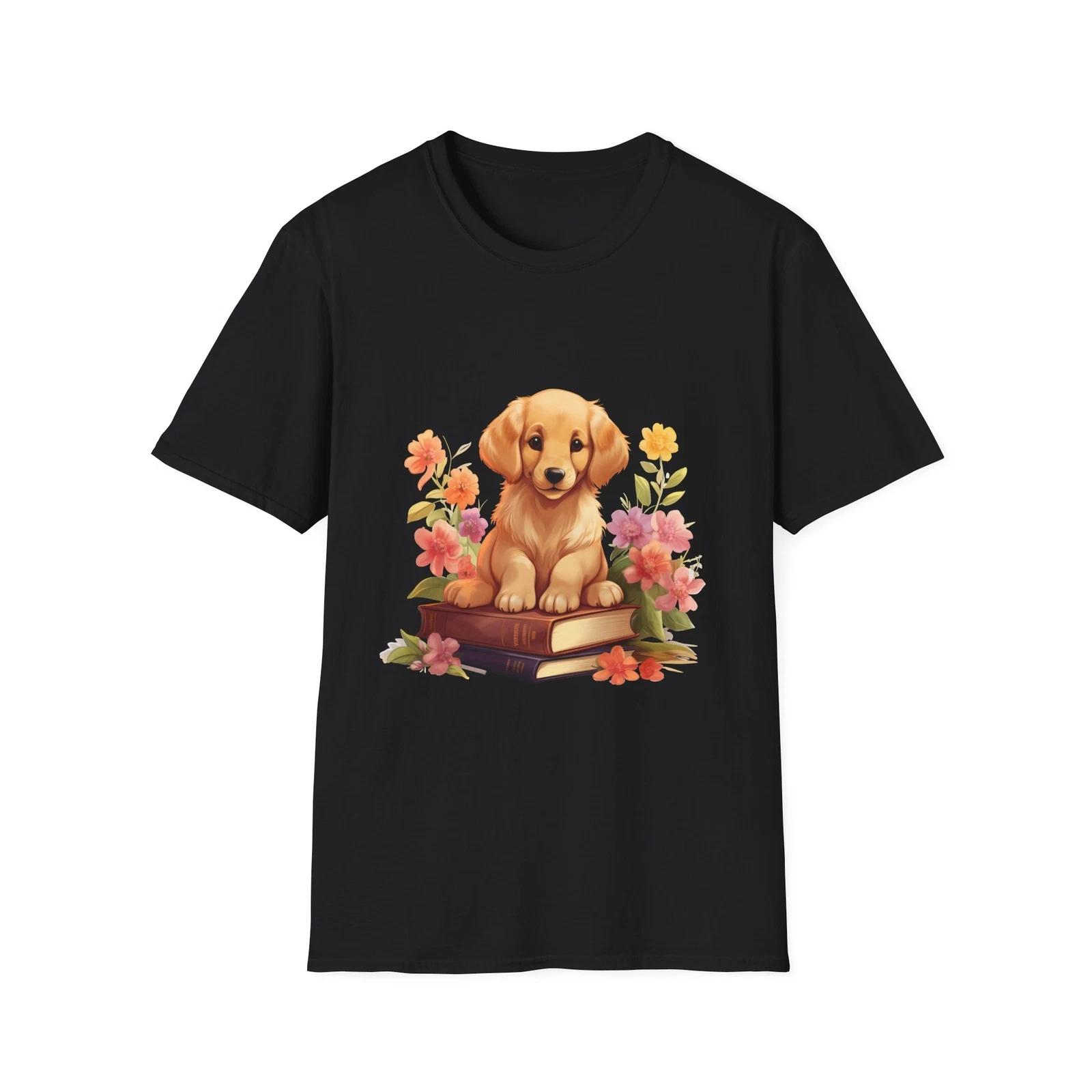 Cute Puppy Floral Unisex T-Shirt, Dog Lover Gift, Book Lover Tee, Spring XL