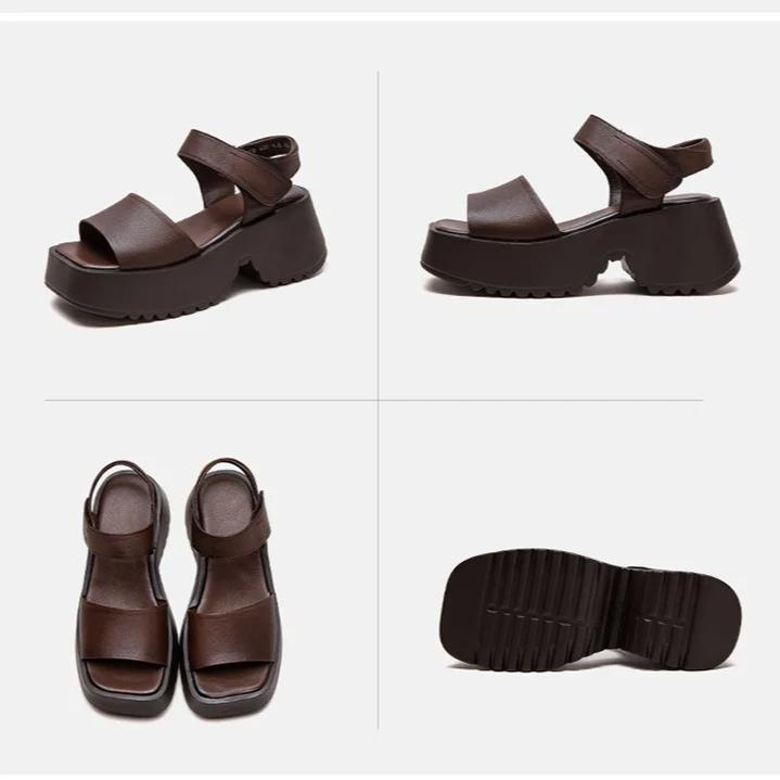 Johnature Retro Sandály s otevřenou špičkou a čtvercovou špičkou na silné podrážce, z pravé kůže, pohodlné dámské platformové boty