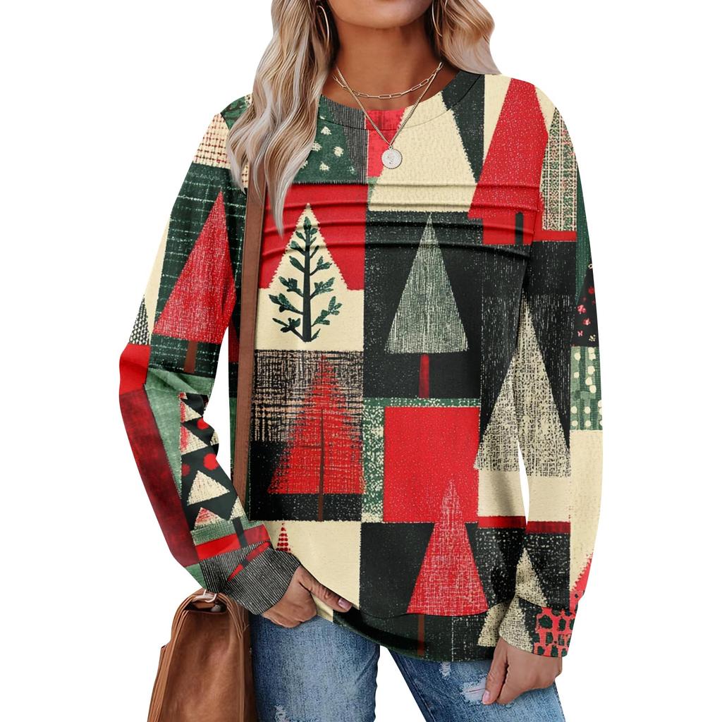 Women's Casual Long Sleeve  Round Neck Sweatshirt Fit Pleated Top