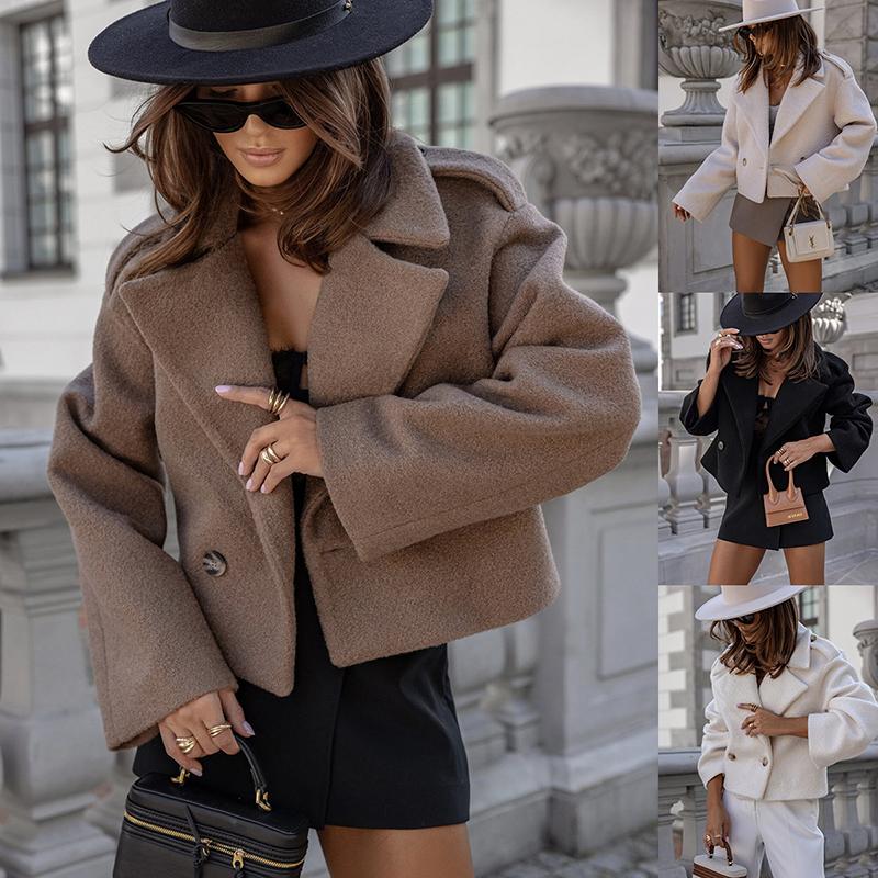 Women Fashion Winter Warm Comfortable Long Sleeve Tailored Collar Solid Color Woolen Coat Outerwear