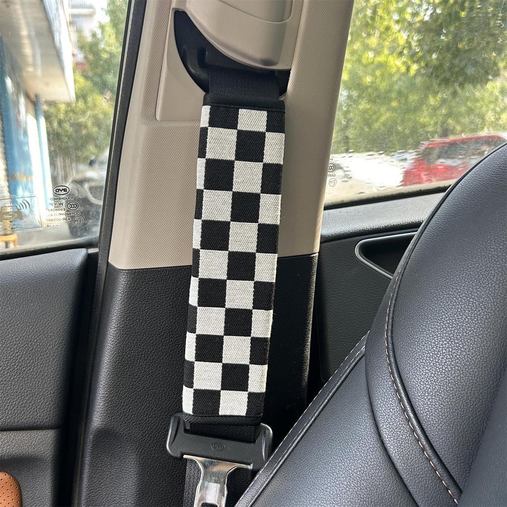 Checkered Jacquard Seat Belt Shoulder Pad Cover - Black and White