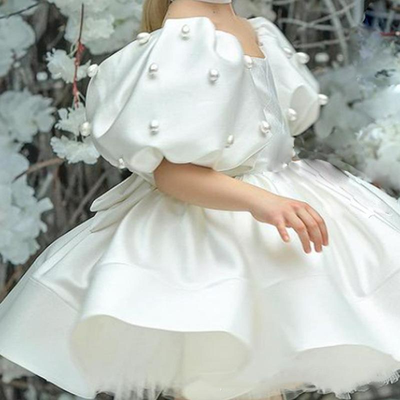 Children's Fashion Show Evening Gown, White Fluffy Silk Princess Dress, Small Host Performance Costume