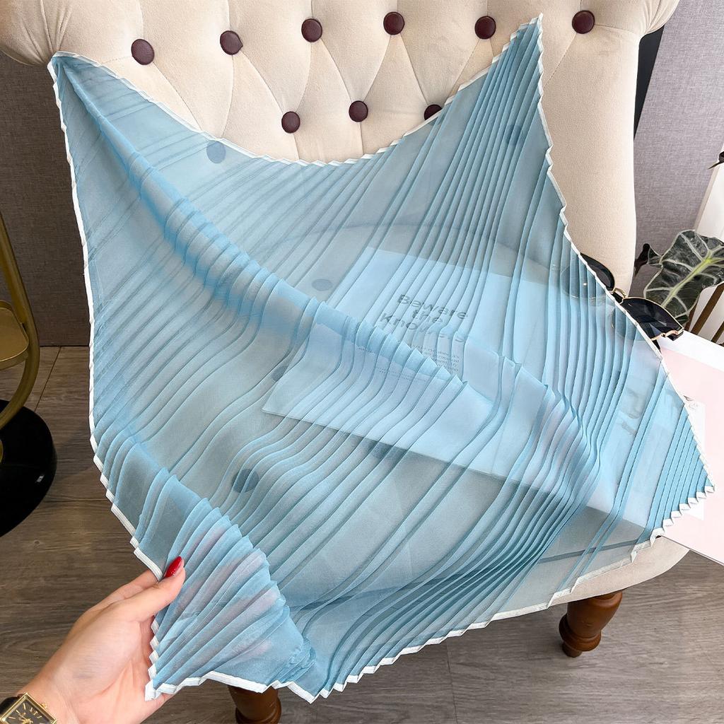 Solid Color Simulated Silk Scarf Women'S Spring Summer Pleated Small Square Scarf High-End Fashion Versatile Scarf