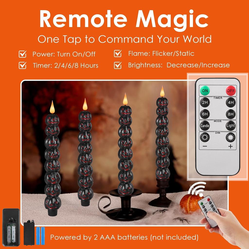 Set of 1 Pumpkin Halloween Flameless Taper Candle with Remote Flickering LED Candlestick Battery Powered for Seasonal Home Party