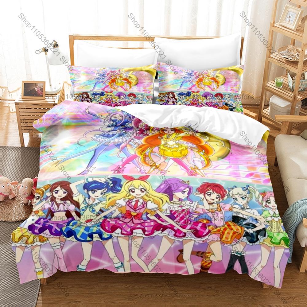 Aikatsu! Anime Bedding Set 3PCS Soft Microfiber Duvet Cover Pillowcases Cute Idol Printed Bed Set for Kids Girls Bedroom Decor