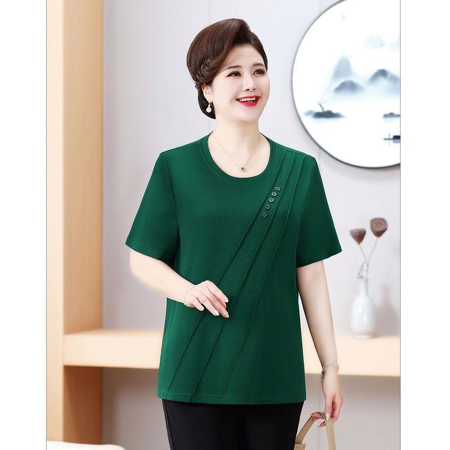 T-shirt Estiva Ricamata a Maniche Corte per Donne Taglie Forti di Mezza Età e Anziane - Colore Unito, Vestibilità Larga Modellante