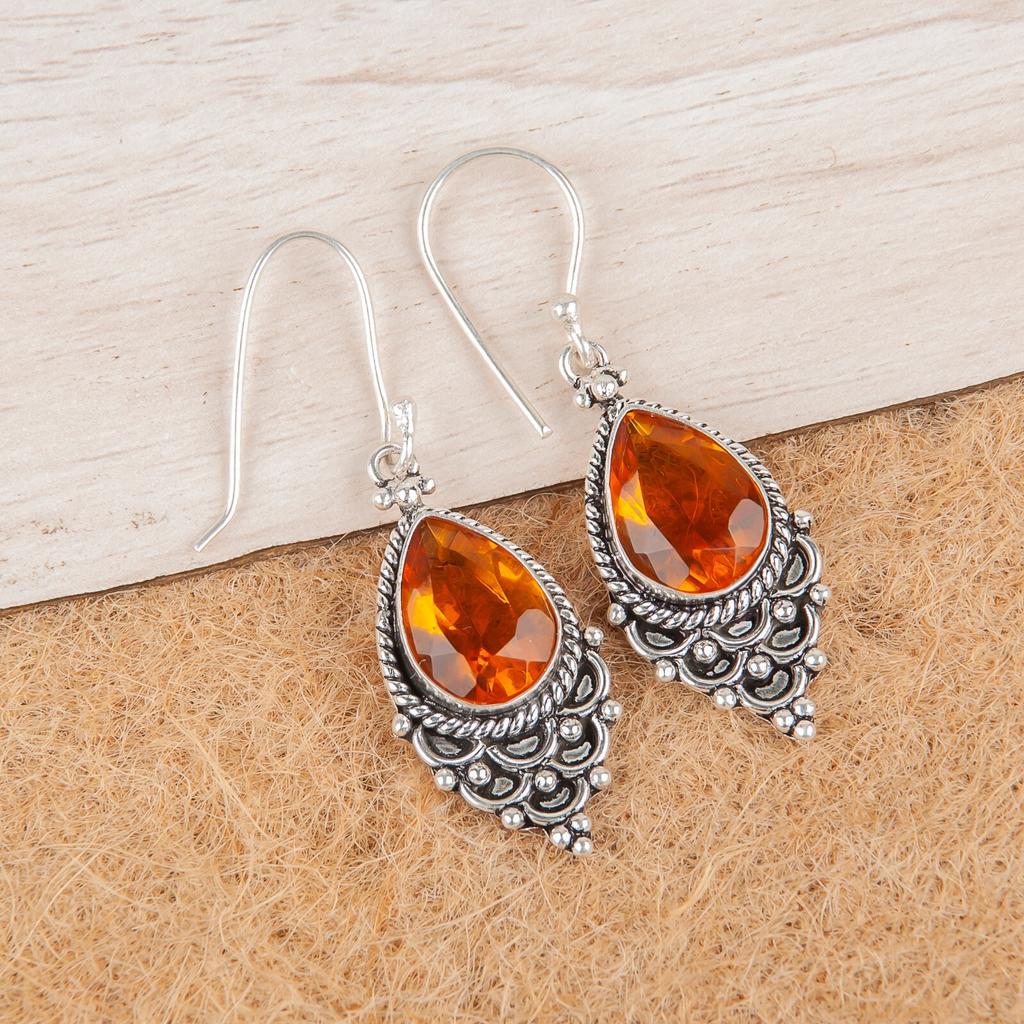 Natural Citrine Gemstone 925 Sterling Silver Jewelry Handmade Hook Earrings 1.9" EE-85-1