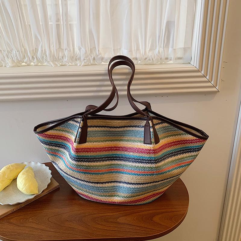 Women's Large Straw Woven Striped Tote - Single Shoulder Crossbody Bag, Casual Travel Handheld Shell Shape