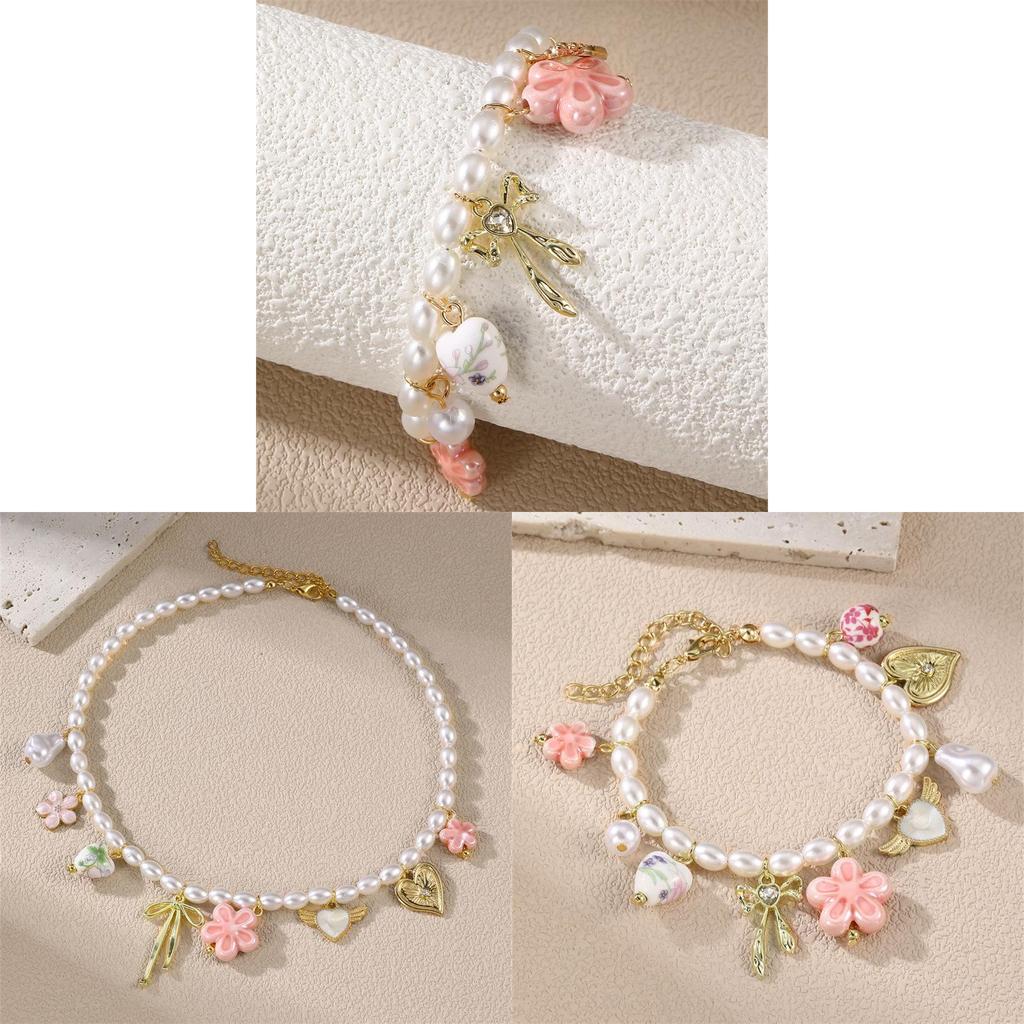 Geometric Heart Pendant Necklace And Bracelet Set For Women With Pearl And Alloy Jewelry