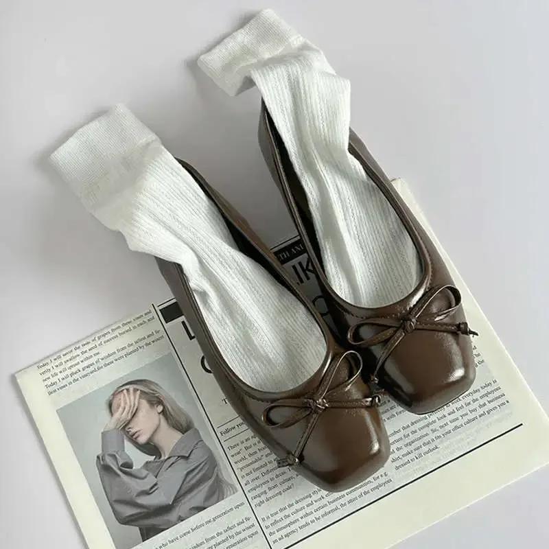 Silver Ballet Flats Women's Spring New Butterfly Knot Slip-On Shoes Round Toe Rubber Bottom Simple Style Casual Loafers