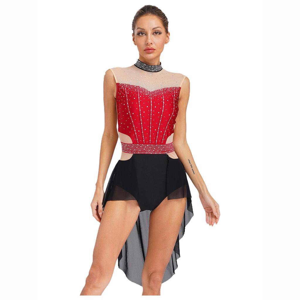 Kvinner Lyrisk Danse Drakt Mock Neck Ermeløs Ryggløs Rhinsteiner Fargeblokk Mesh Lappverk Skjørt Kostyme