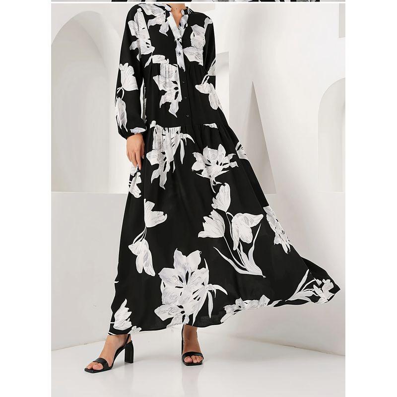 

Western Style New Fashion Casual Loose Print Long sleeve V-neck Dress Printed V-neck Dress Black 2XL