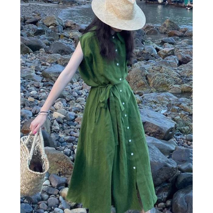 

French sense green sleeveless vest dress children s summer new small temperament long dress S зелёный