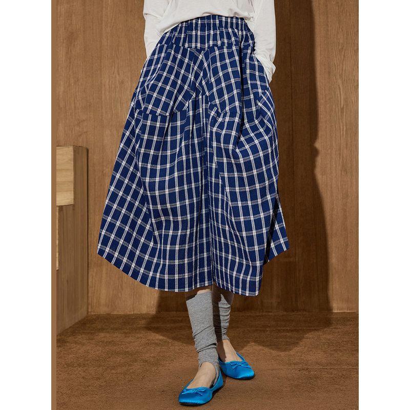 Coolhut American-Style Blue and White Plaid Women's Fashion Plaid Casual Pants Loose Versatile Wide-Leg Cropped Casual Pants