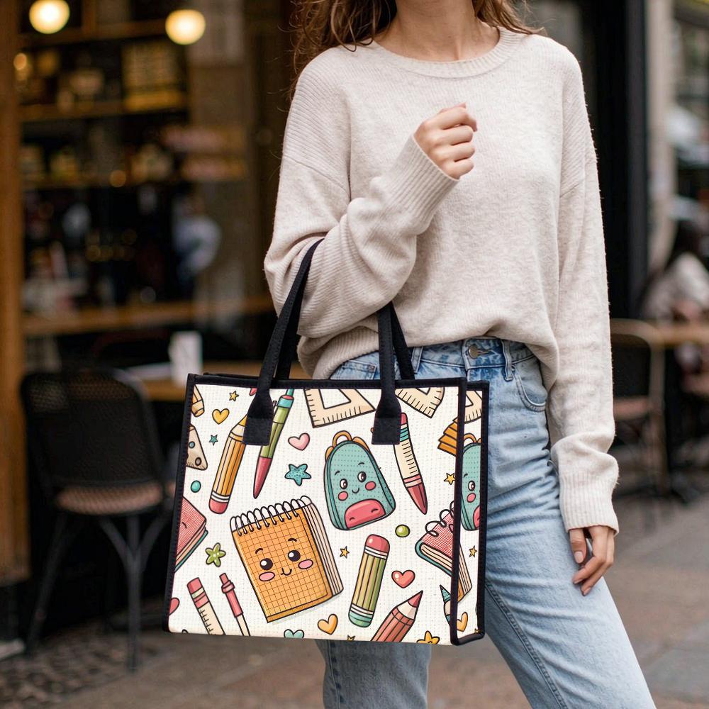 Cute Kawaii School Stationery Printed Tote Bag Casual Daily Portable Shoulder Bag For Shopping School Commute