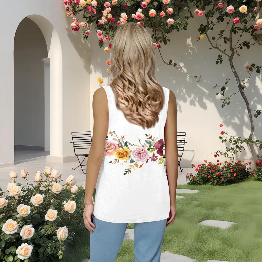 Women's Pleated Square Collar Sleeveless Vest Print T-shirt