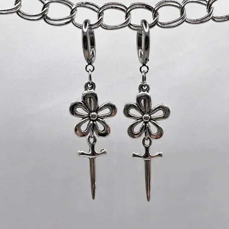 Flower Dagger Star Earrings - Hypoallergenic Silver Fairy Jewelry, Y2K Cute and Nickel-Free