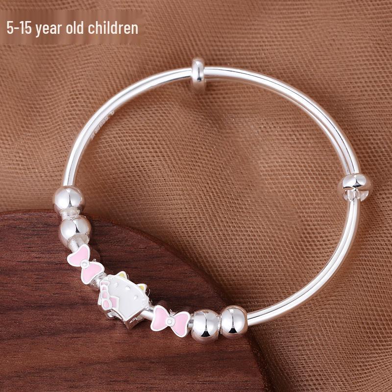 Sterling Silver Cartoon Kitten Bracelet for Girls (Ages 4-15) - Push-Pull Design