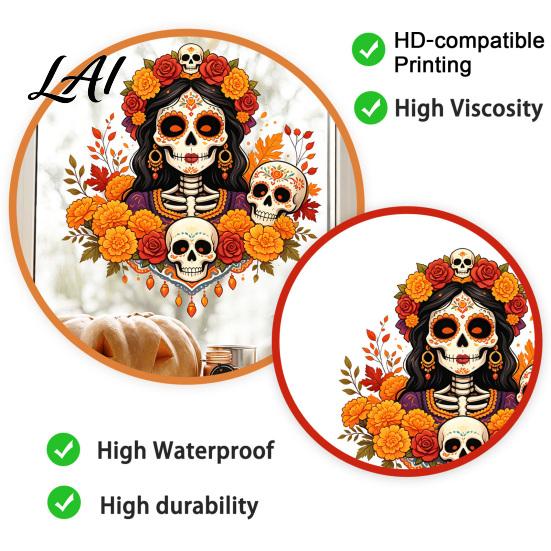 Unique Gift for Mexican Culture Fans Day of The Dead Window Clings Dia De Los Muertos Sticker Colorful Home Decor Sugar Skull with Flowers Halloween