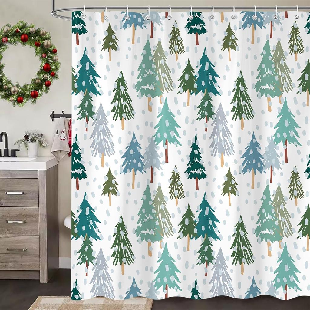 Christmas Tree Shower Curtain Winter Forest Pattern Snowflake Design Festive Decor Bath Accessories Waterproof Fabric150x210