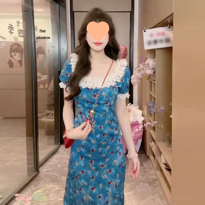 

Women s Summer 2026 Blue Floral Lace Puff Sleeve Square Neck Dress L