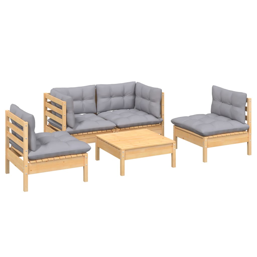 Vidaxl 5-Cz. Garden Lounge Set, Grey Cushions, Pine