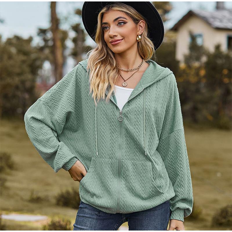 Women's Oversized V-neck Zipper Pure Color Long Loose Hooded Outwear