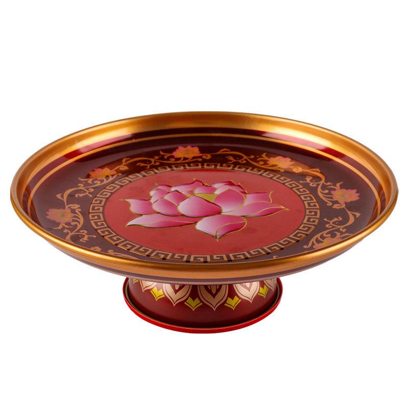 Fruit Offering Plate for Buddha, Deity Altar Plate with Alloy Lotus Flower, God of Wealth, Guanyin Bodhisattva.