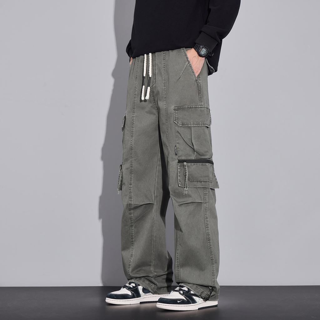 American retro trendy brand pure cotton tooling casual pants men's trend loose wide legs drape elastic waist long pants men