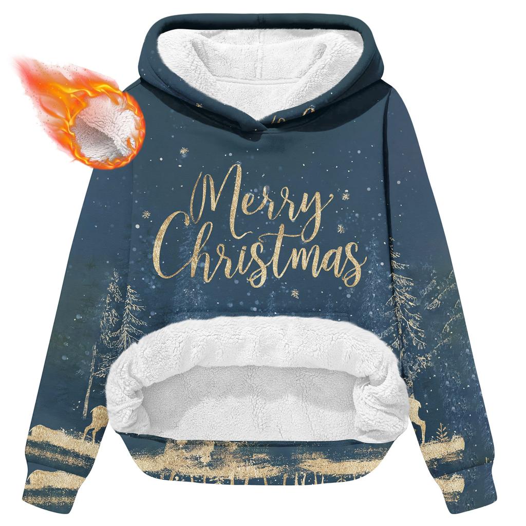 Women's Fashionable Casual Long-Sleeved Christmas Print Fleece-Lined Thick Hooded Sweatshirt