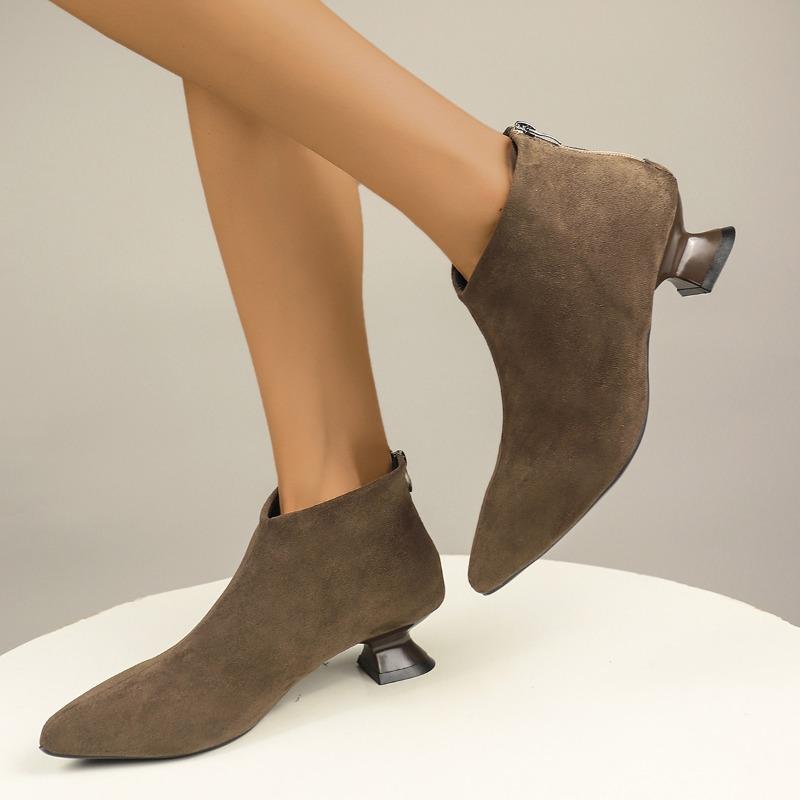 Women's Special Heel Boots Winter New Fashion Pointy Suede Back Zipper Anti-slip Wear-resistant Short Boots