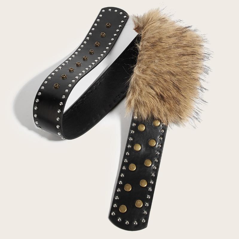 Punk Pu Leather Fur Belt Y2K Metal Studded Plush Waist Chain Faux Fur Belts Furry Sexy Vintage Waistband Hiphop Jeans Belt