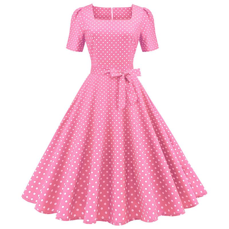 Women's Summer Midi Dress Square Neck Short Sleeve Dress Casual Polka Dot Big Swing Dress with Belt