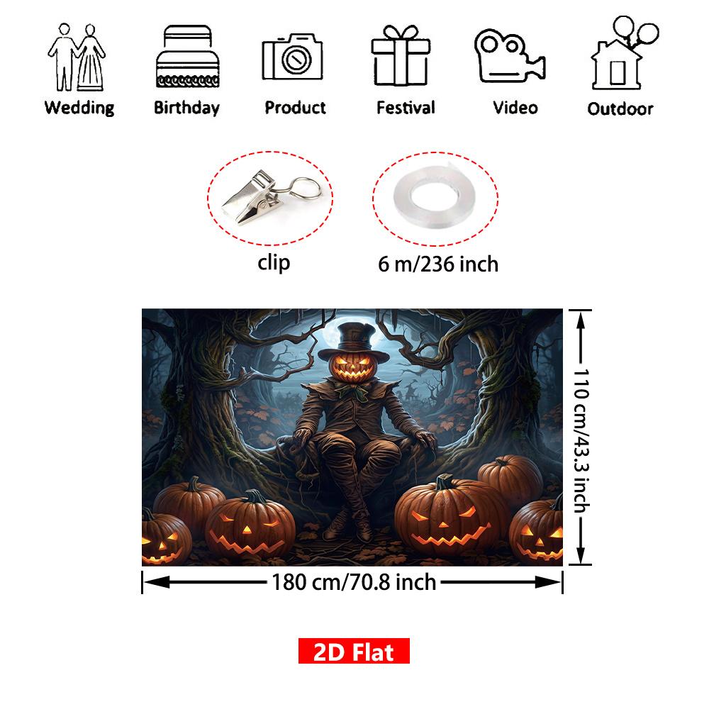 [2D Flat] 1 piece spine-tingling Halloween Badrop Banner featuring a pumpkin-headed scarecrow design.zyc