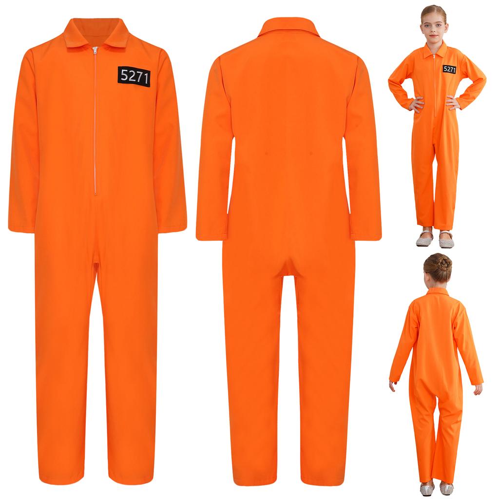 Girls Prisoner Jail Cosplay Costume Long Sleeve Prisoner Jail Jumpsuit Jailbird Inmate Prison Halloween Uniform Cosplay Costume