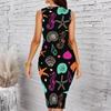 Women Plus Size Sleeveless Round Neck Midi Bodycon Dress Black Ocean Shell Seahorse Print Slim Fit Dress