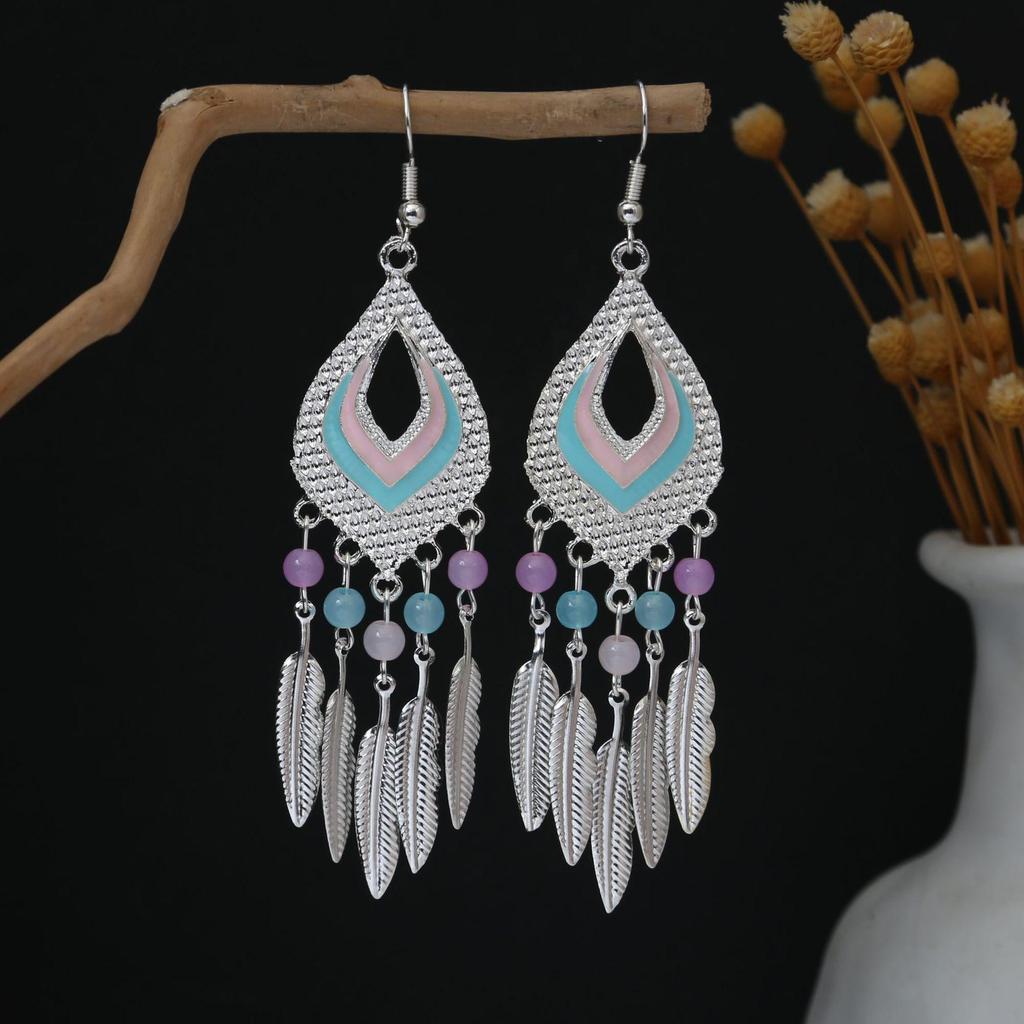 Personalized Bohemian Miao Silver Geometric Tassel Earrings