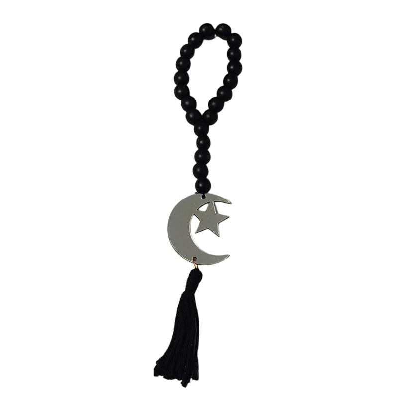 Ramadans Wood Beaded Garlands Acrylic Moon Pendant Wall Hanging Ornament with Tassels For Islamic Festives Home Decorations