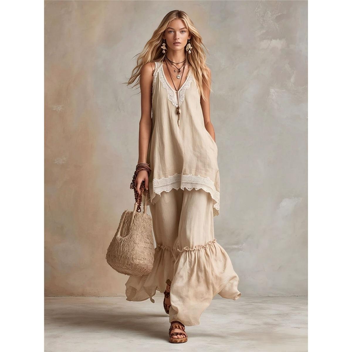 Dames Boho 2-delige Outfit V-hals Mouwloze Top Ruches Wijde Pijpen Broek Set Losse Casual Vakantie Dames Twee Delig Pak S