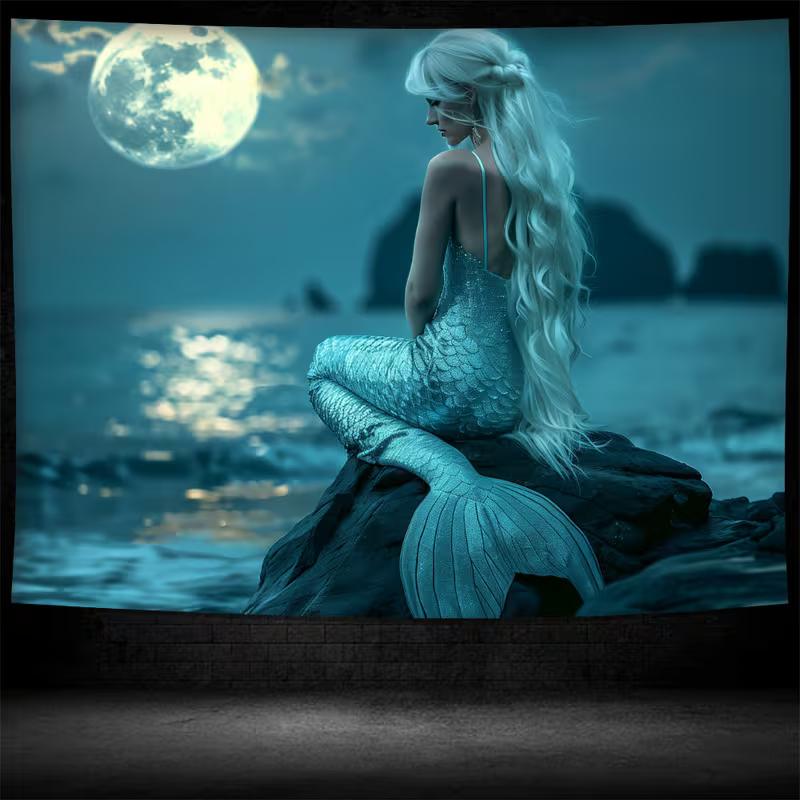 2D Mystical Teal Mermaid Tapestry, Night Beach Wall Art for Living Room