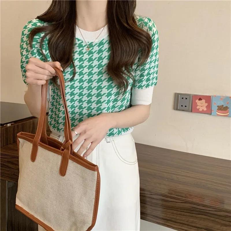 

Новые женские клетчатые трикотажные футболки с короткими рукавами и круглым вырезом, тонкая милая футболка выше пупка, пуловер, укороченный топ для женщин, лето XL