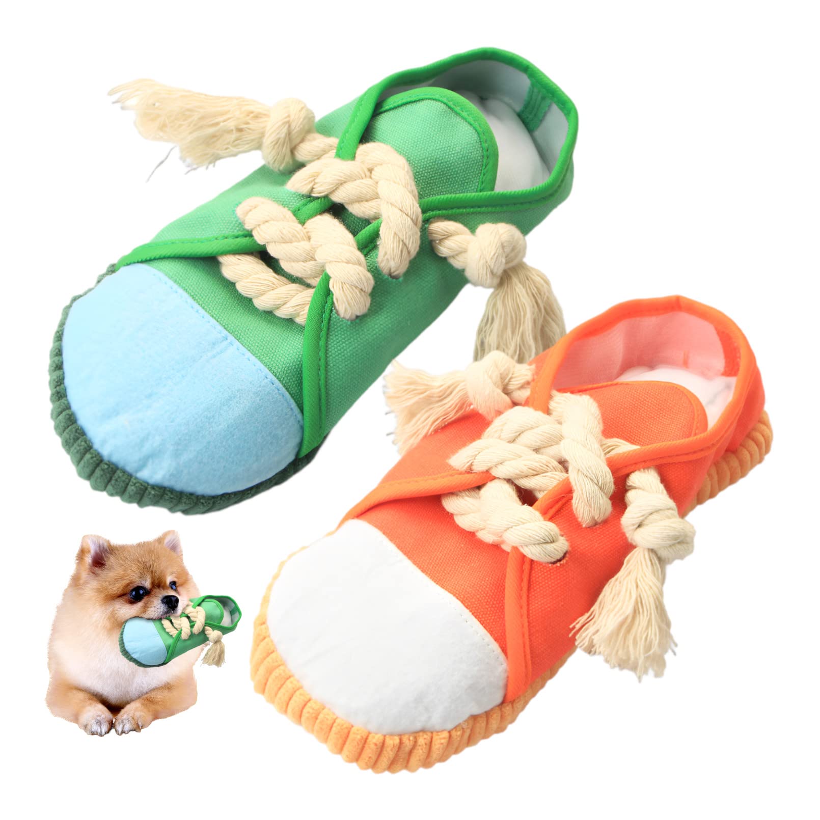

Heizi Dog Chew Toy Shoes/Slippers, 2 Pairs, Small Dog Chew Toy, Pet Safe, Durable, Washable (Low-Cut (Orange & Green))
