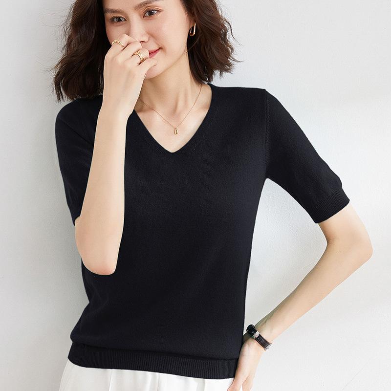 

Весенне-осенняя женская футболка, вязаная рубашка с v-образным вырезом, простой темпераментный тонкий топ, однотонный вязаный низ, тонкий XL чёрный