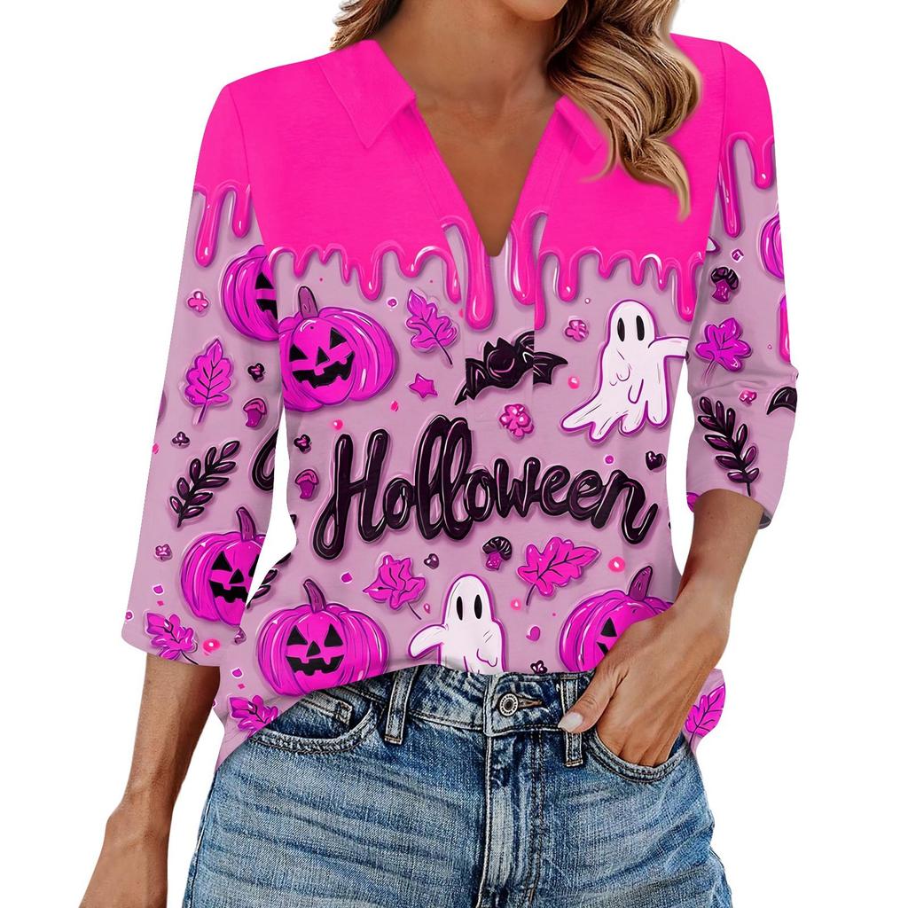 Mote dame casual jakkeslag 3/4 erme Halloween-trykk skjorte dame V-hals topper