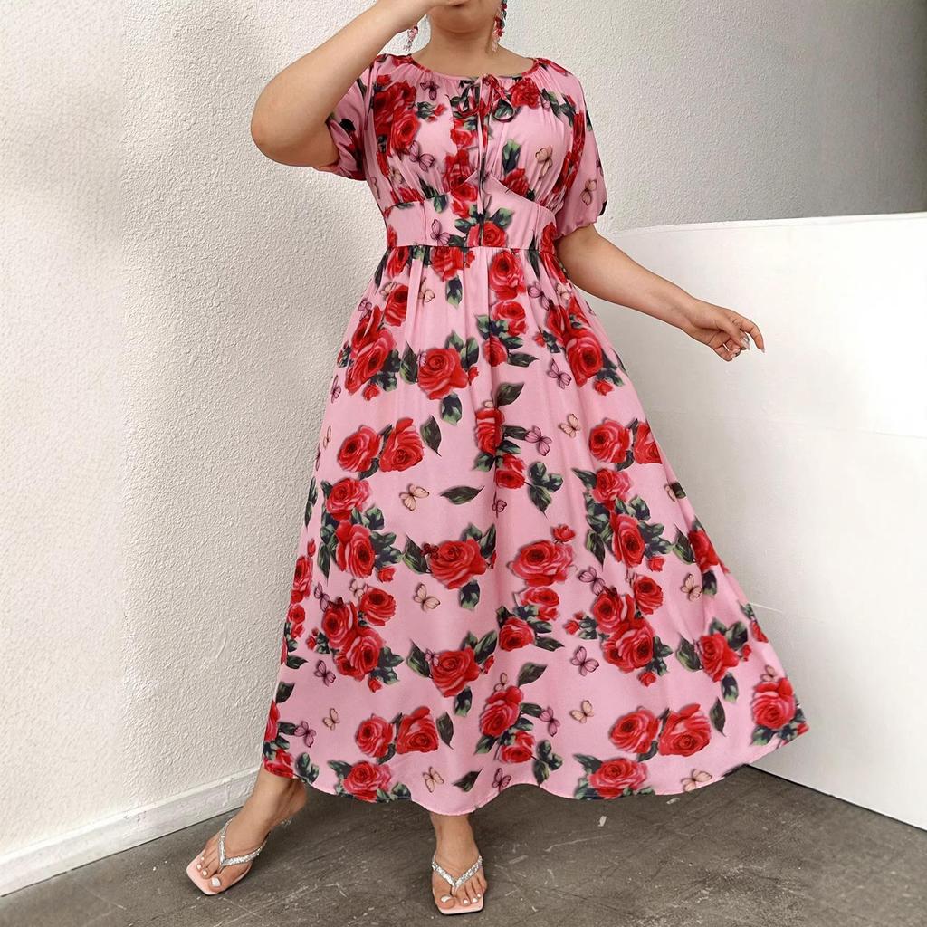 In-Stock High-Waisted Floral Puff Sleeve Dress, Spring/Summer French Style, Waist-Cinched with Large Hem for Women