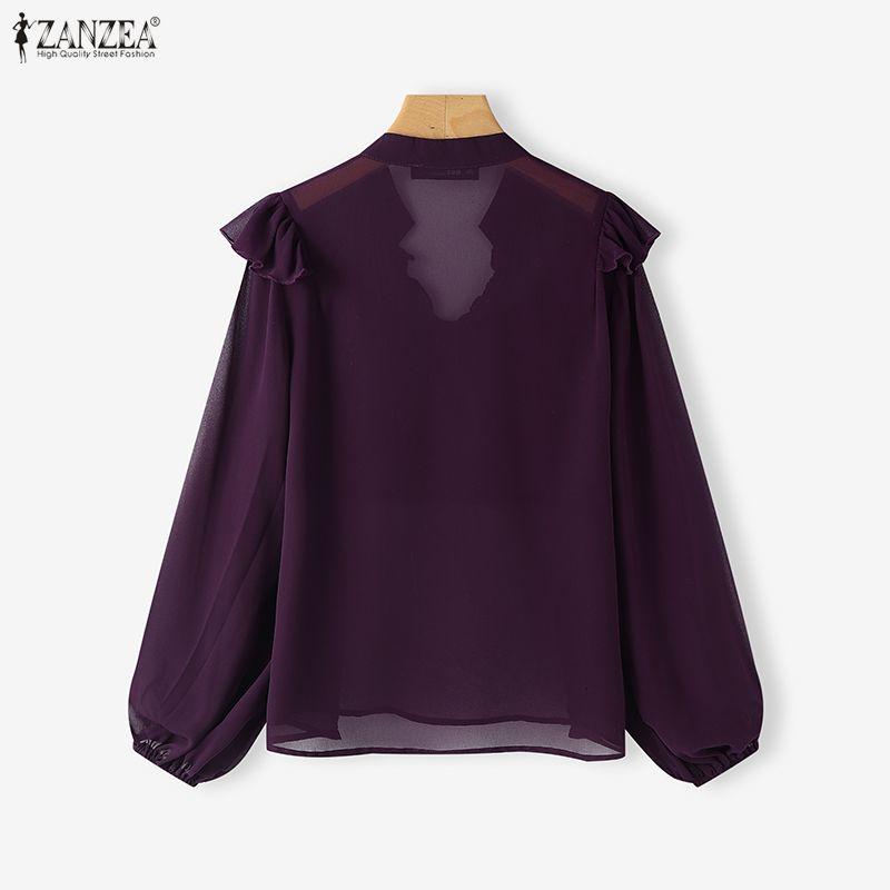 ZANZEA Women Casual V-Neck Long Sleeve Loose See-Through Cover Up Blouse