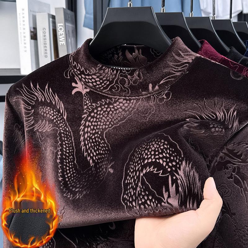 

Men s Retro Dragon Jacquard Plus Velvet Hoodie - Warm, Soft, Thick, Round Neck M кавовий