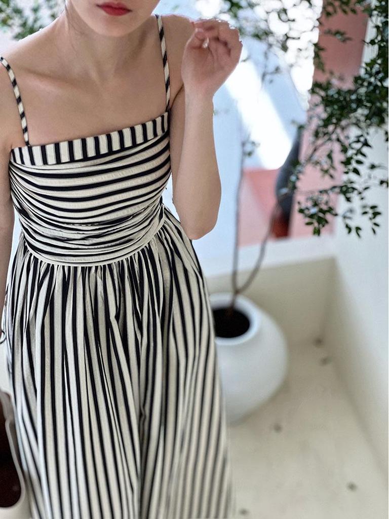 Luxi Off-Shoulder Striped A-Line Pleated Dress
