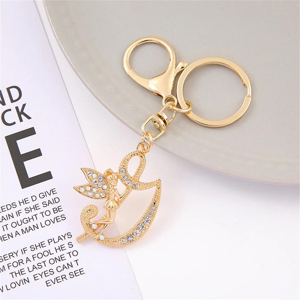 A-Z Rhinestone Elf Girl Letter Keychain Gold Color Initial Name Keyrings Girls Car Key Holder Handbag Purse Charms Decoration